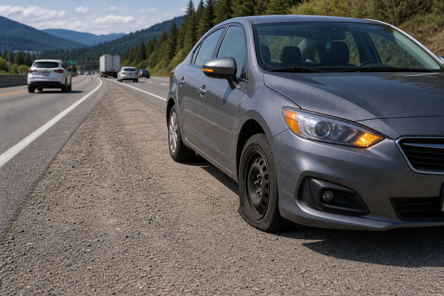In the image, a front tire has blown out on a highway. What should the driver do first?