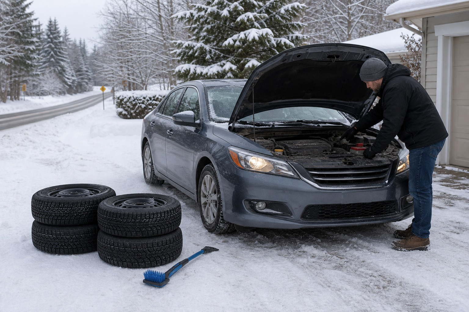 In the image, a driver is preparing a vehicle for winter driving. Which preparation best matches the manual?