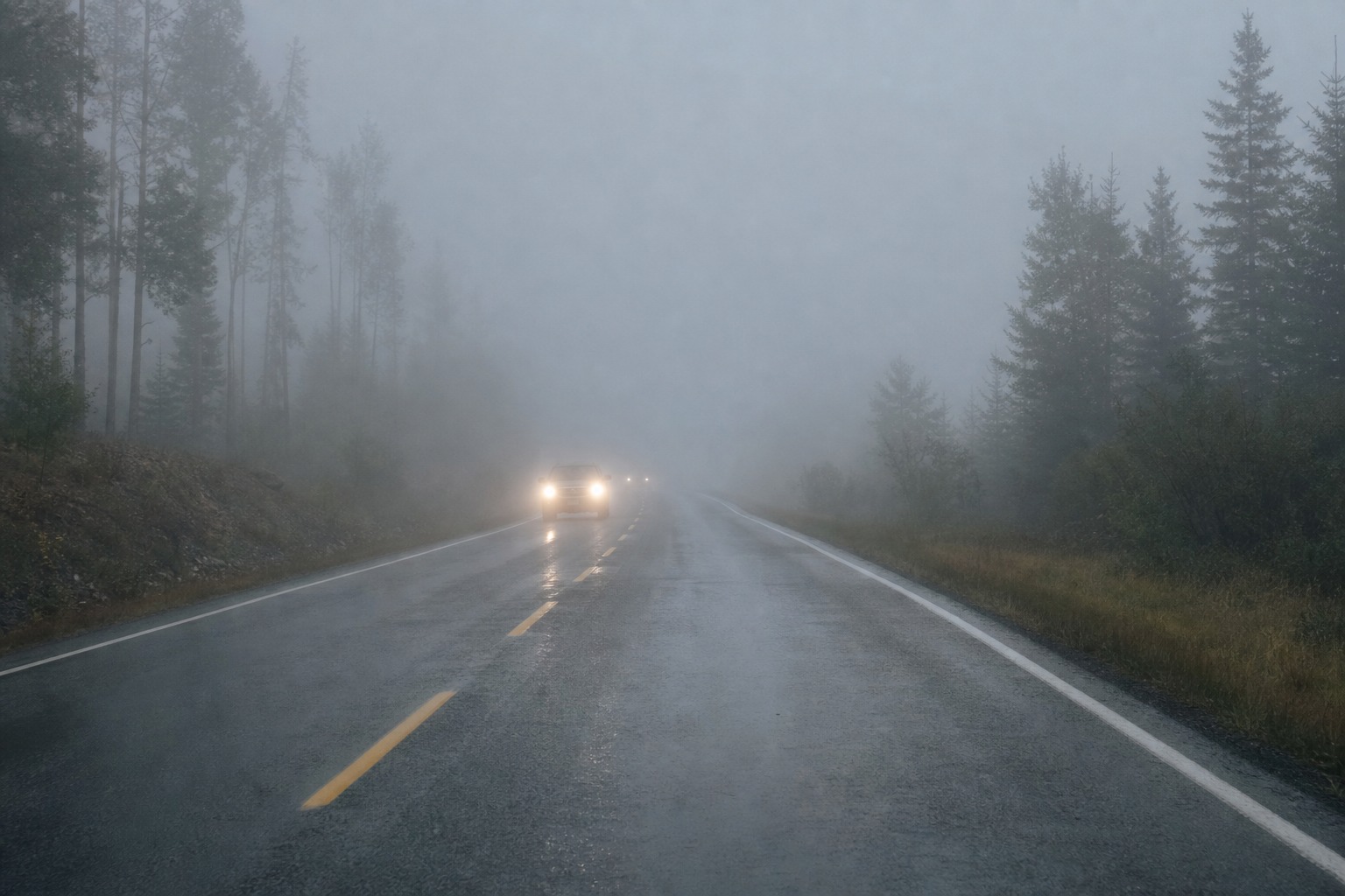 In the image, dense fog makes the rural road ahead hard to see. Which action best fits the manual?