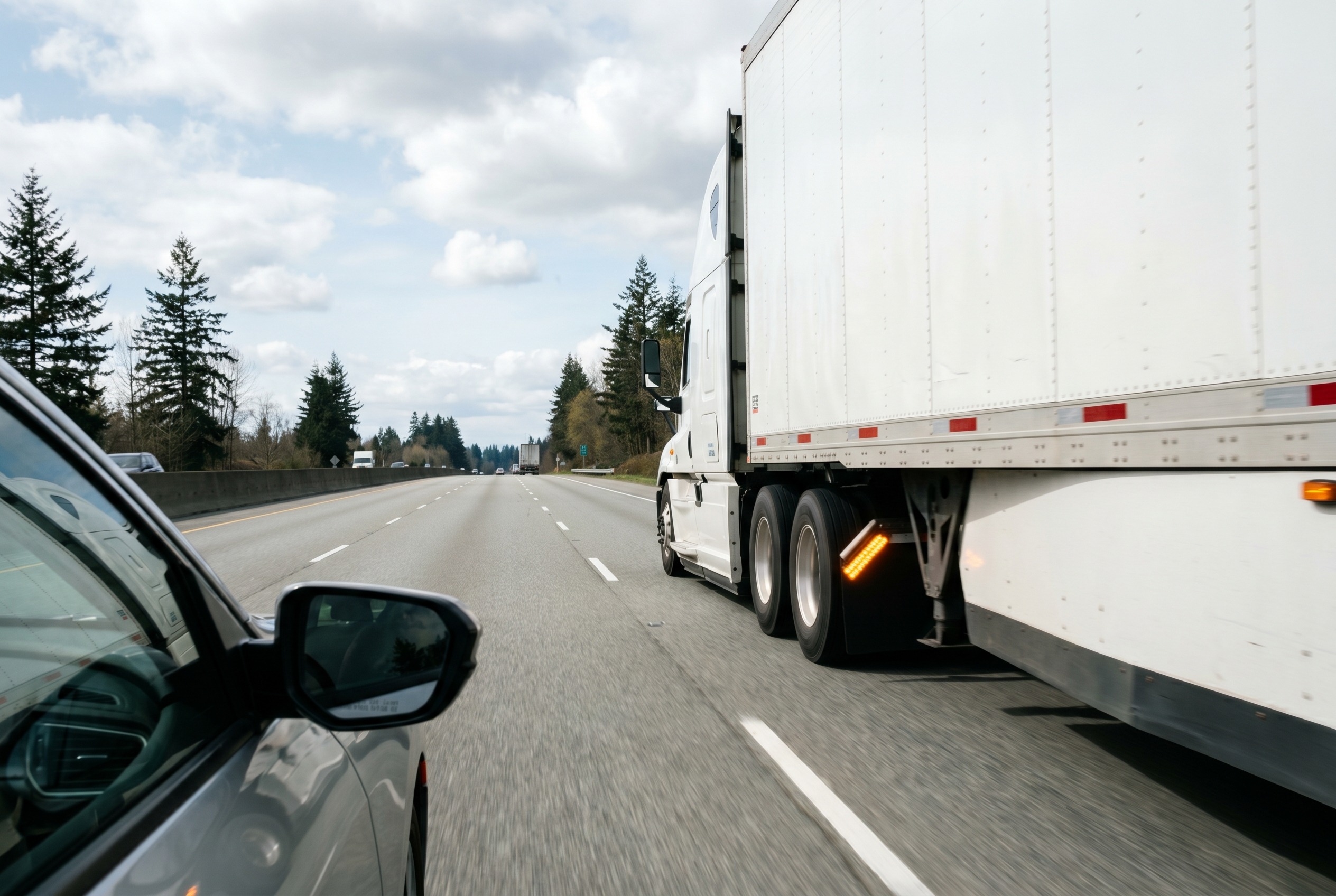You are driving beside a large truck and see its turn signal. What should you do?