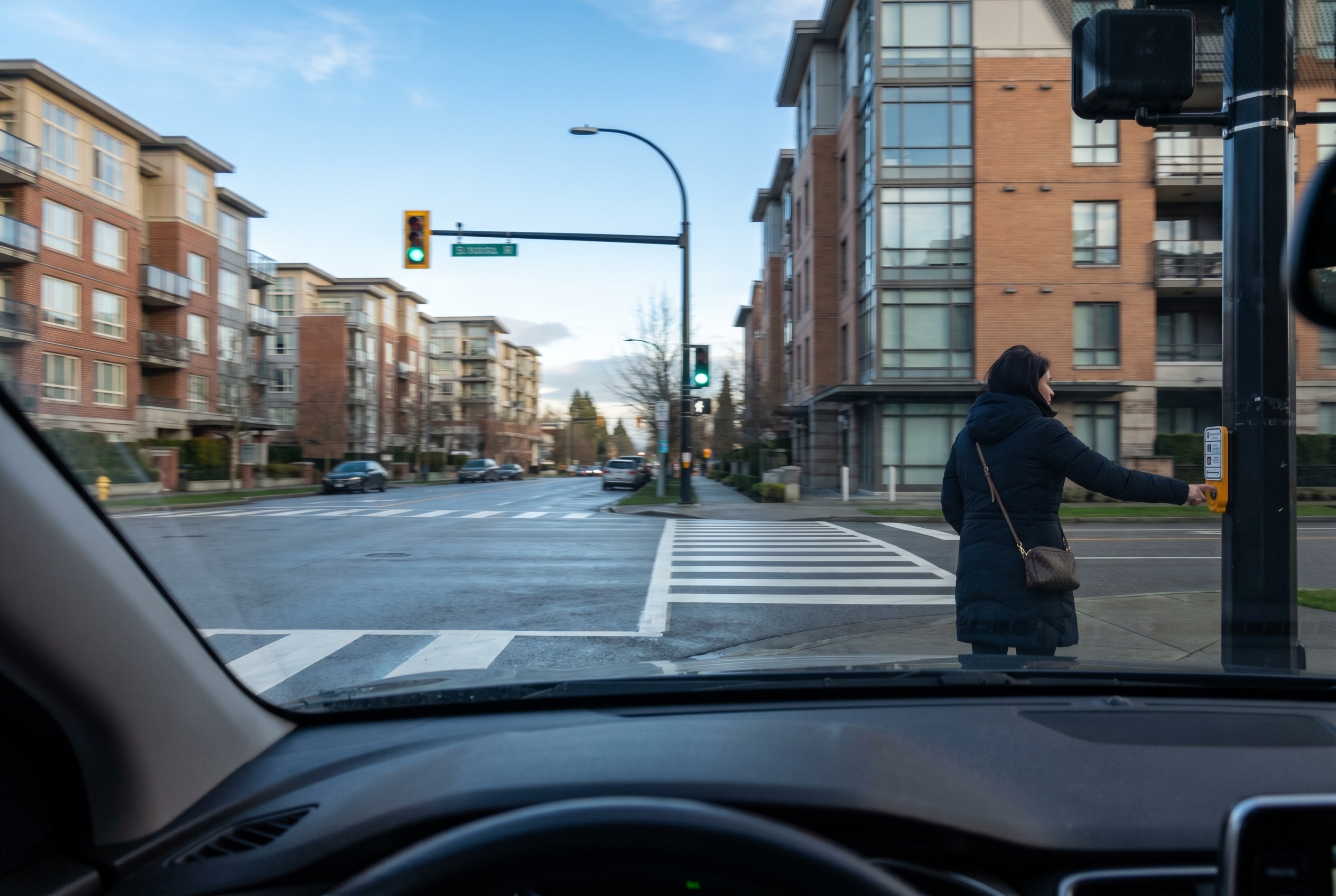 You approach a flashing green light and notice a pedestrian looking toward the crossing signal. What should you do?