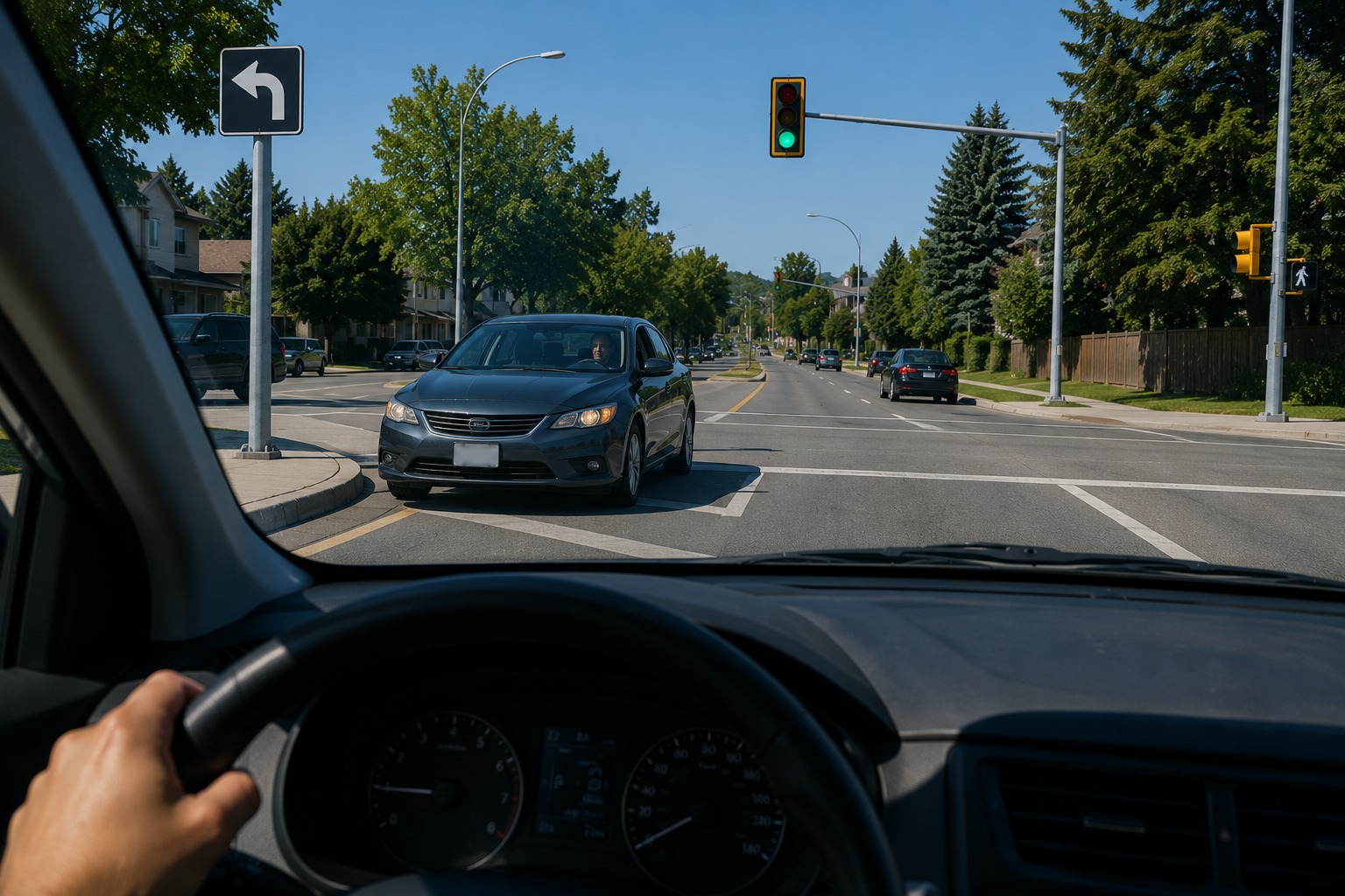 You are turning left at a green light. An oncoming vehicle slows and the driver makes eye contact with you. What should you do?