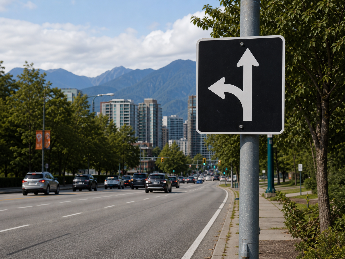 You see a sign showing two arrows, one straight and one curved left. What does this indicate?