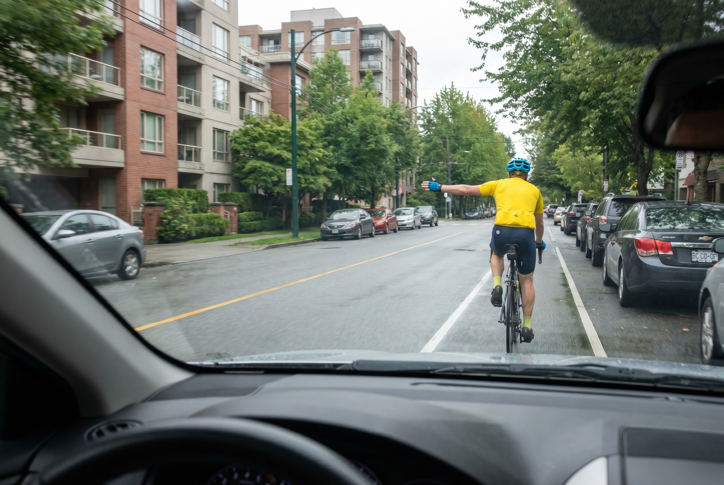 You are passing a cyclist and they signal left. What should you do?