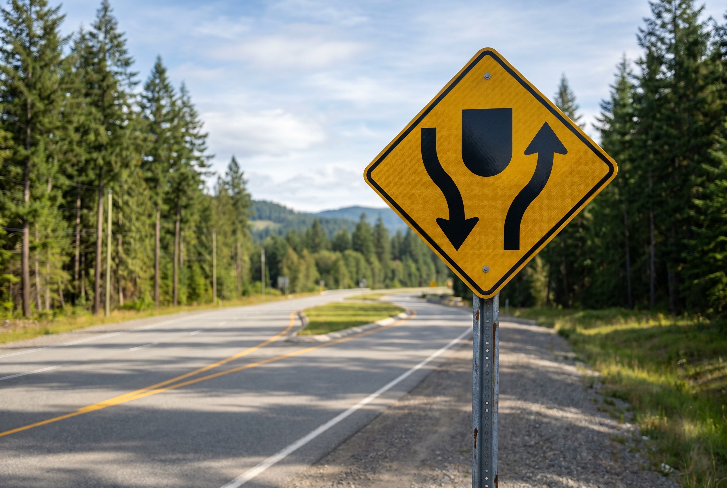 You see a sign indicating a divided highway begins. What should you expect?
