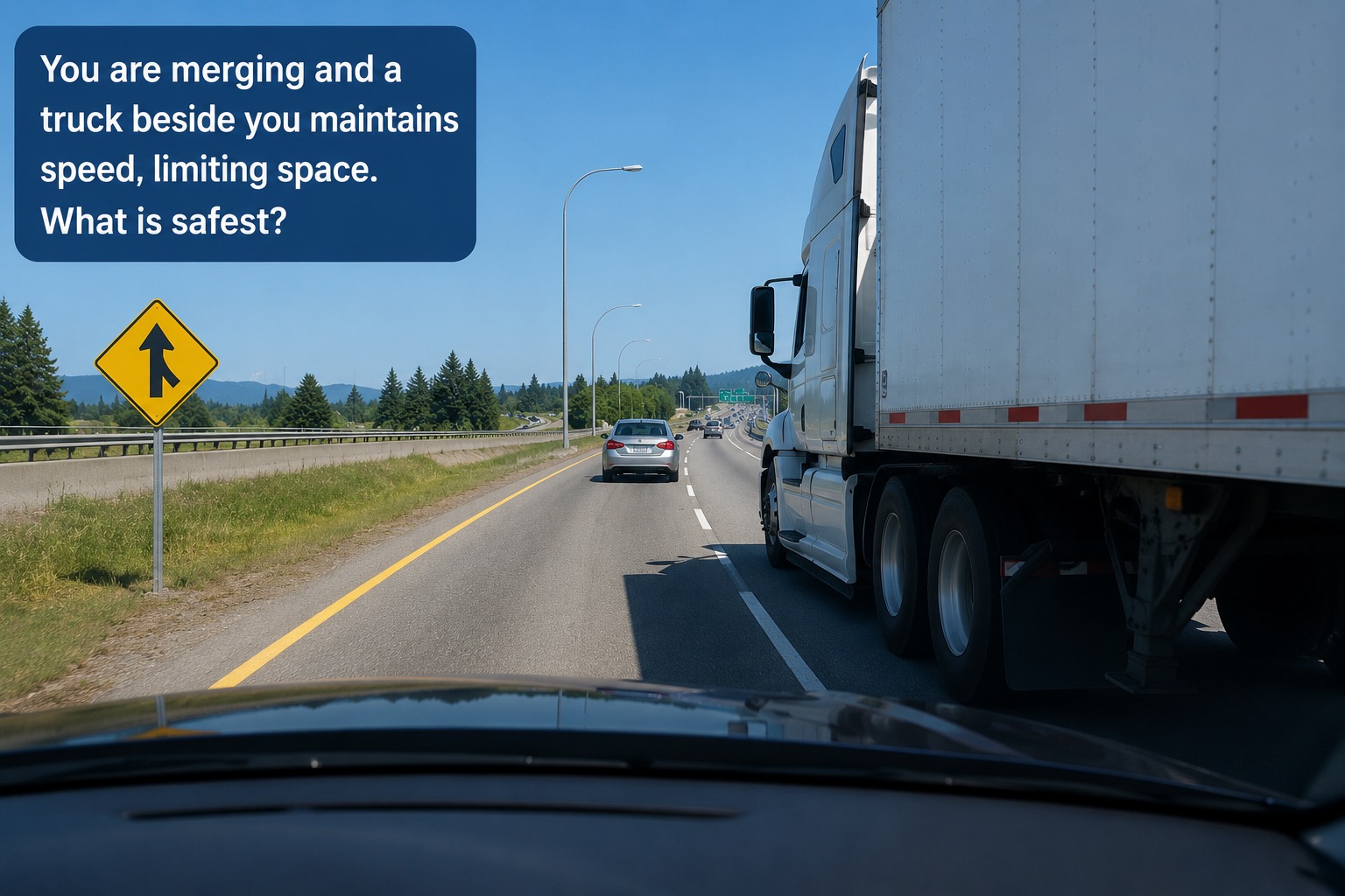 You are merging and a truck beside you maintains speed, limiting space. What is safest?