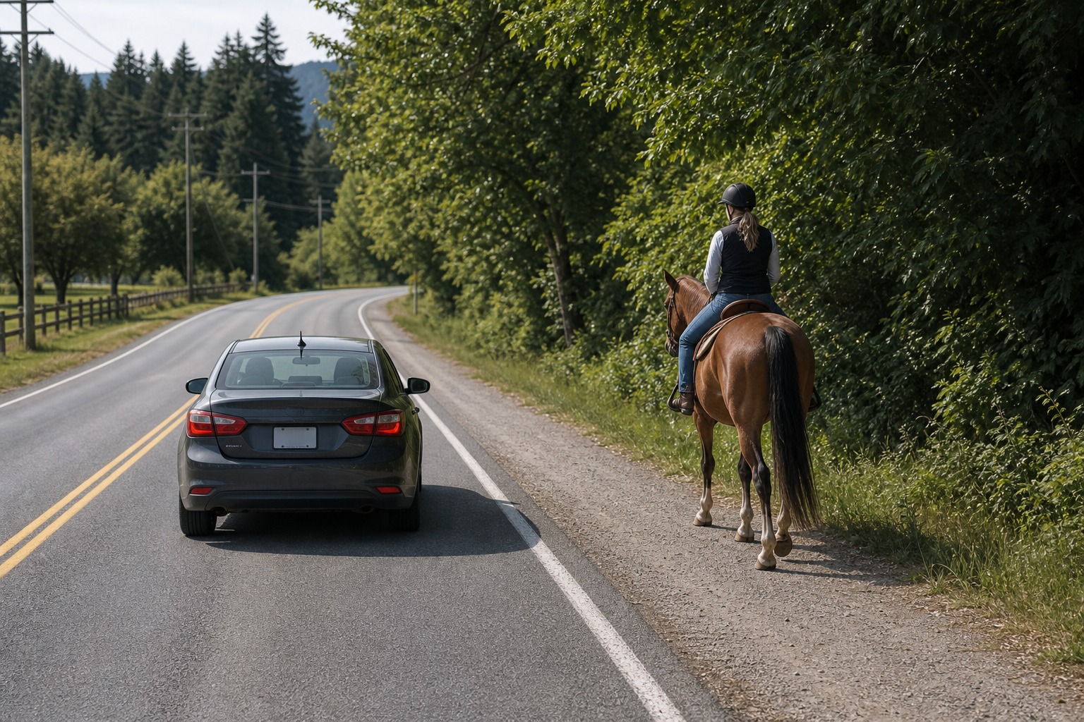 In the image, you are approaching a horse and rider on a public road. What is the safest response?