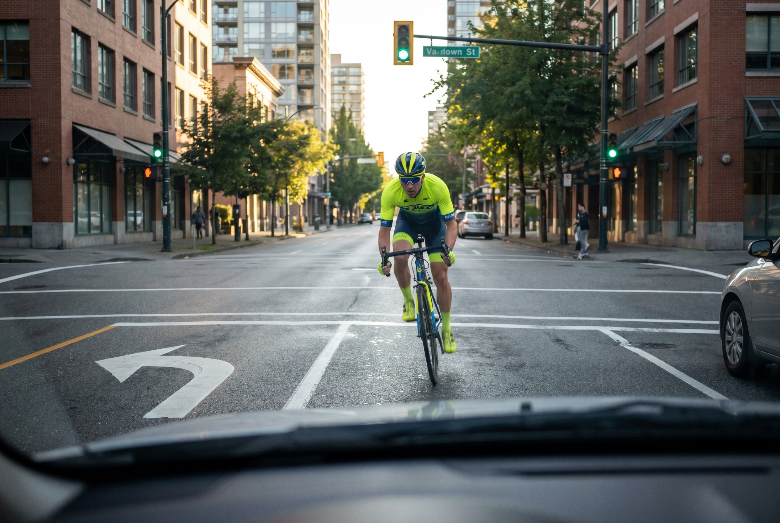 You are turning left and see a cyclist approaching quickly from opposite direction. What should you do?