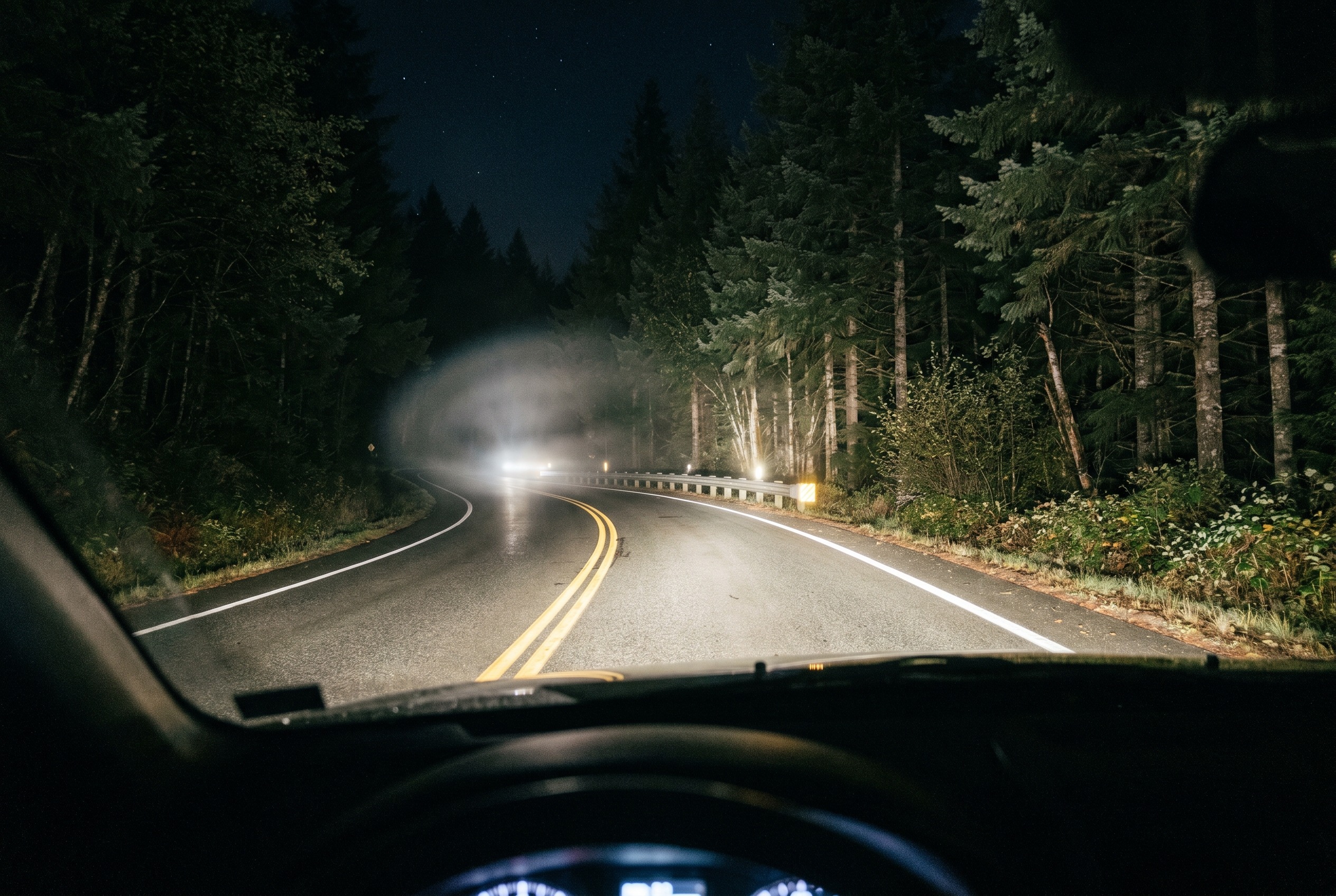You are driving at night and see headlights reflecting off a curve ahead. What does this indicate?