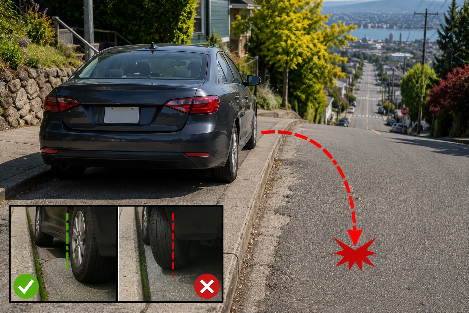 You park downhill with a curb but leave wheels straight. What is the risk?