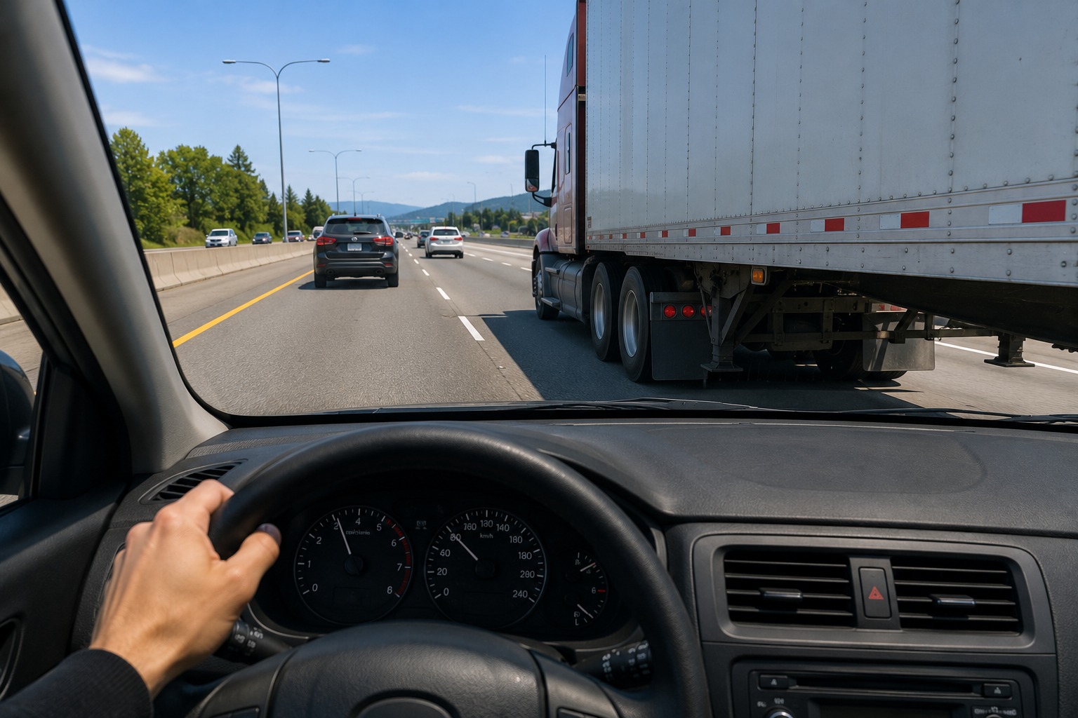 You are beside a large truck that begins drifting slightly toward your lane. What should you do?