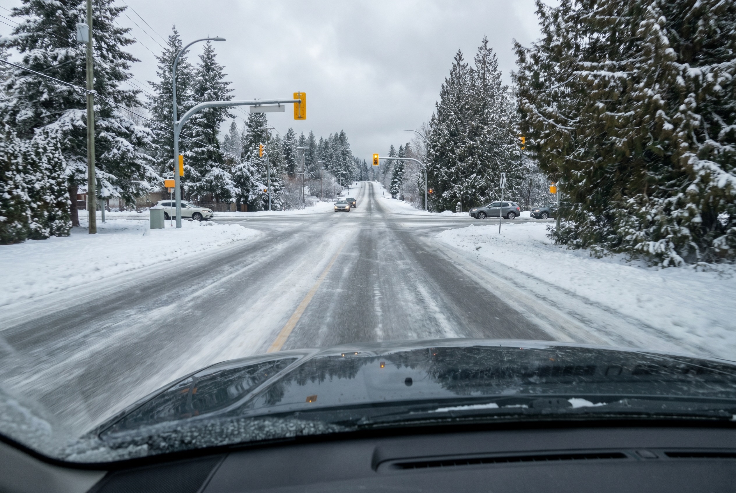 You are driving on packed snow and your vehicle begins sliding forward while braking. What should you do?