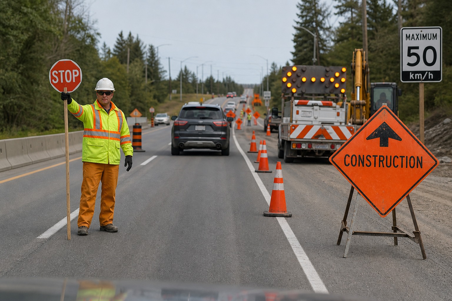 In the image, a traffic-control person is directing traffic in a construction zone. What should you do?