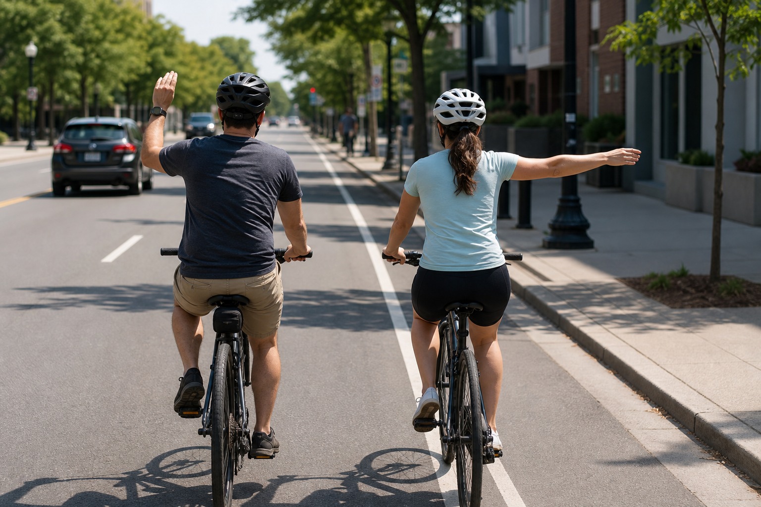 In the image, the cyclists are using two accepted hand-signal styles for the same turn. What are they signalling?
