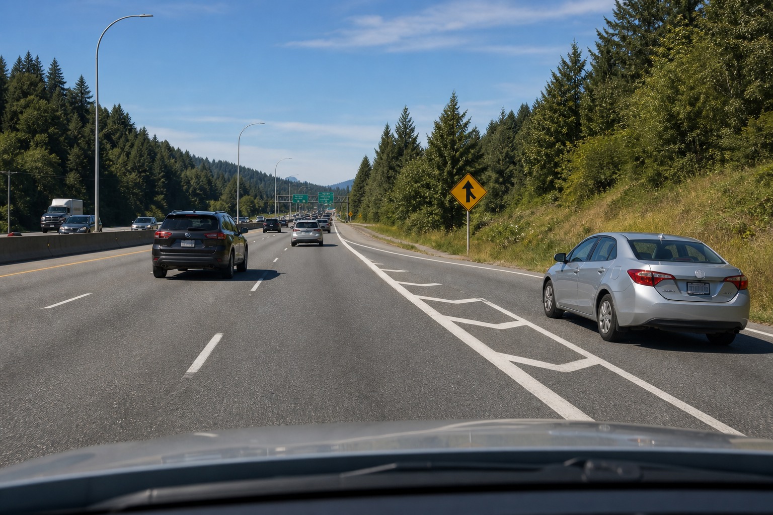 You are driving in the right lane of a freeway and traffic is entering from an entrance lane. What is courteous and safe if possible?
