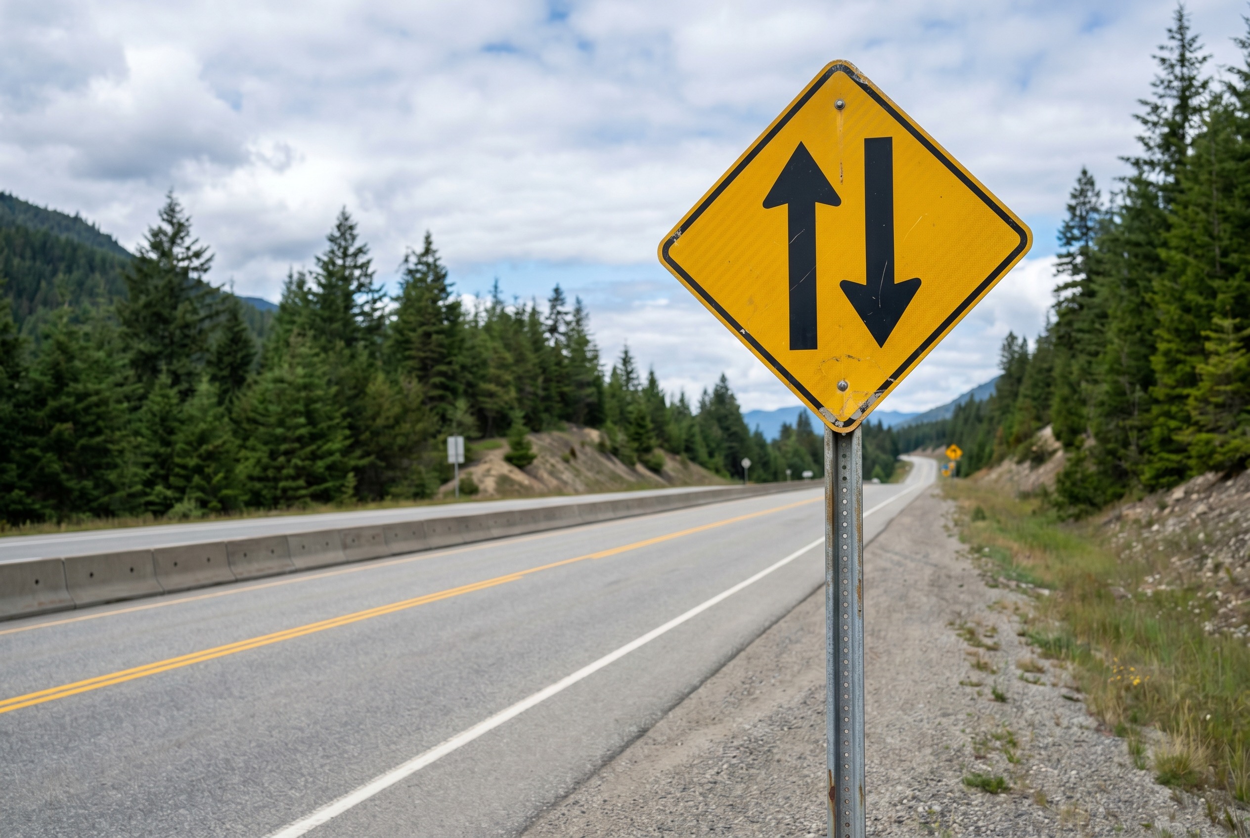 You see a sign indicating "a two-way traffic ahead" after a divided highway ends. What should you do?