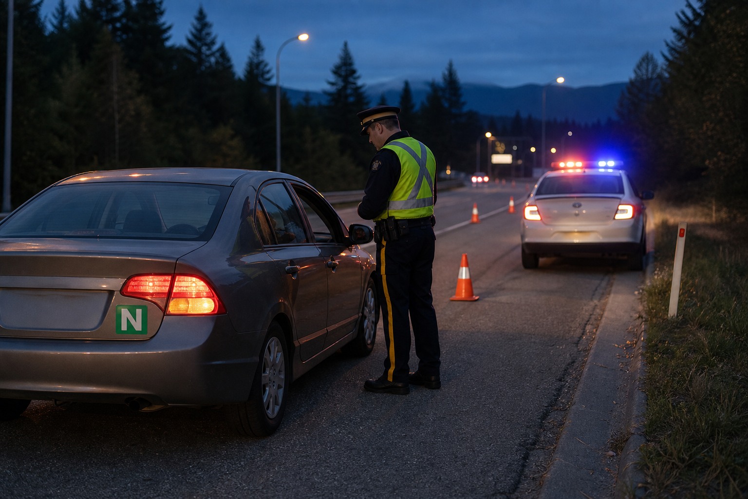 In the image, a novice driver is stopped at a roadside check after drinking. What GLP consequence may apply?