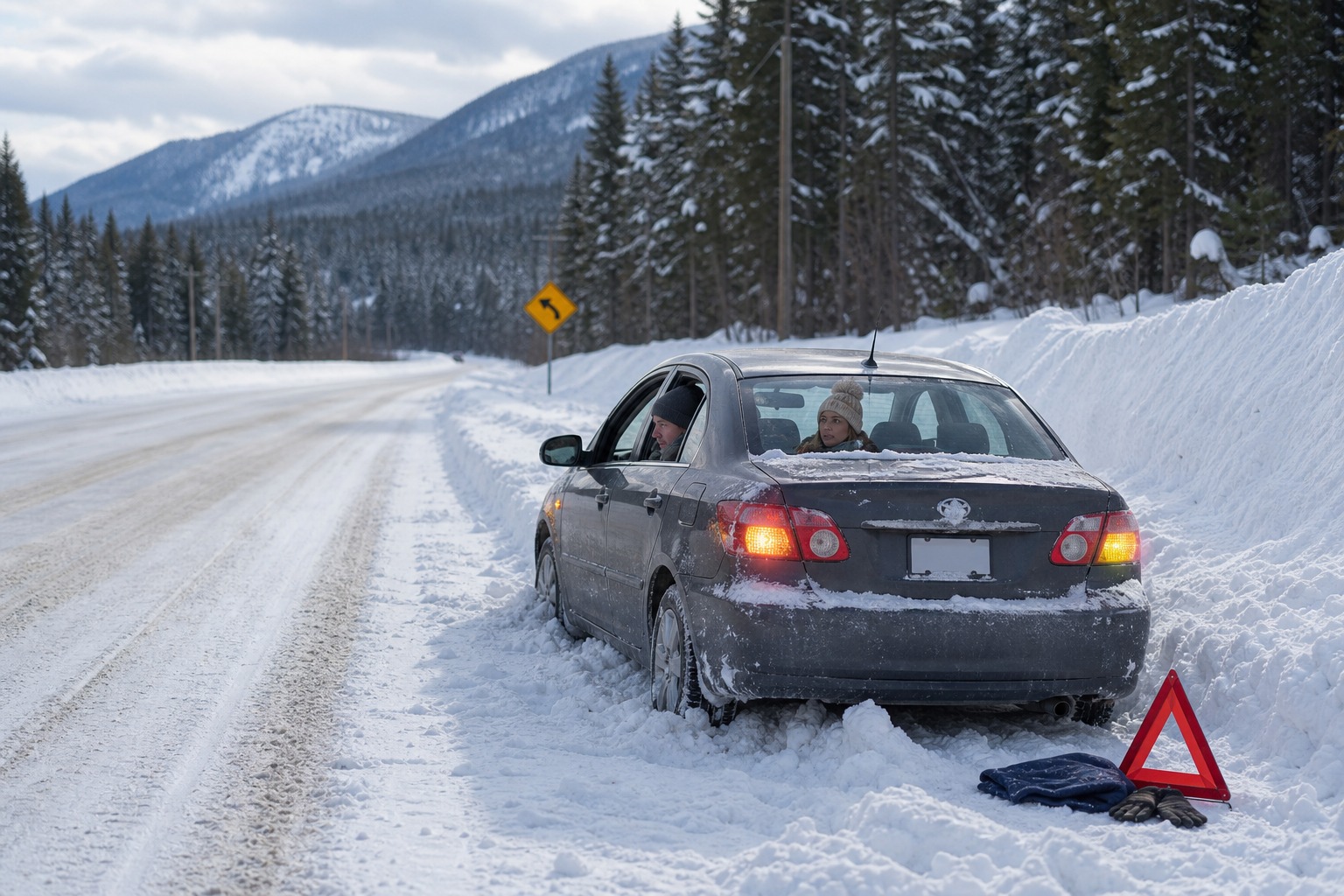 In the image, a car is stranded in snow. What should occupants generally do unless they are sure they can reach help?