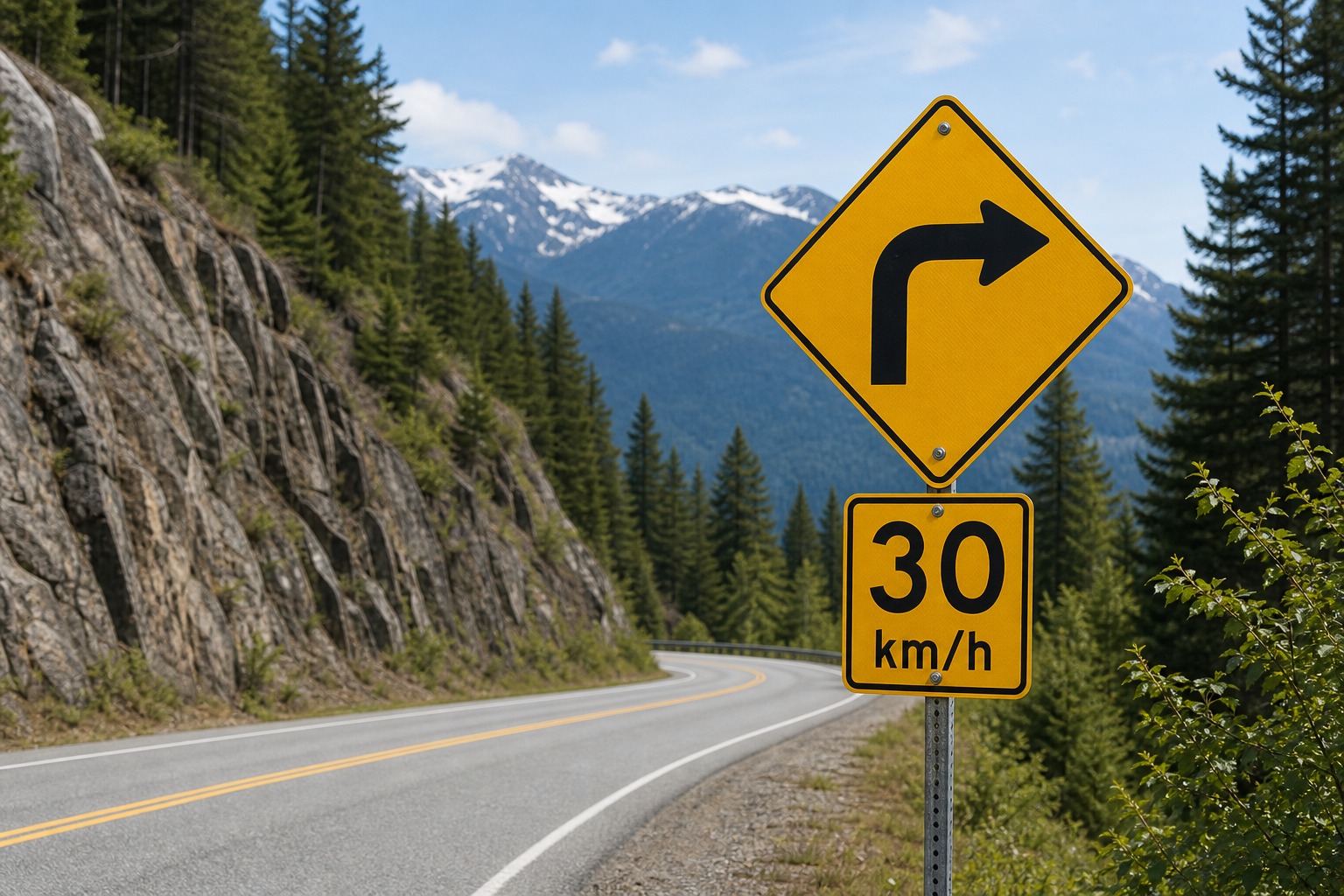 You see a sign indicating "a sharp curve ahead" with advisory speed. What should you do?