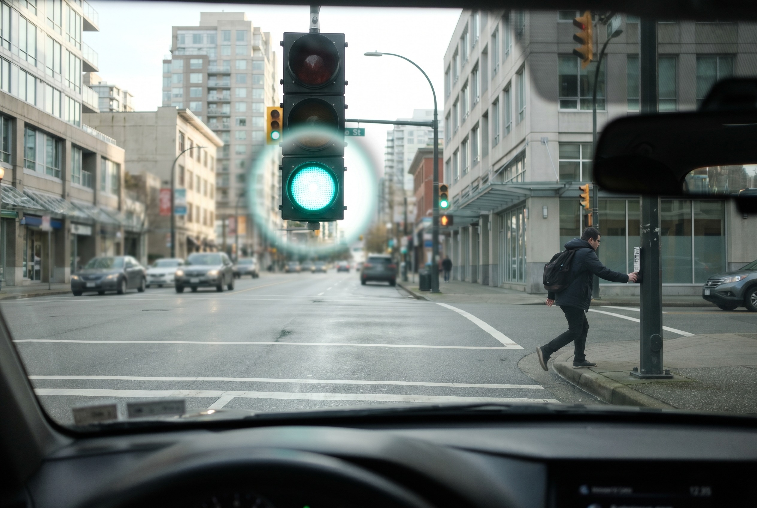 You approach a flashing green light and a pedestrian steps toward the crossing button. What should you do?