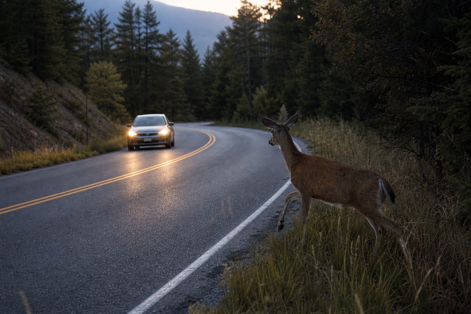 In the image, a deer appears near the road at dusk. What should the driver remember?