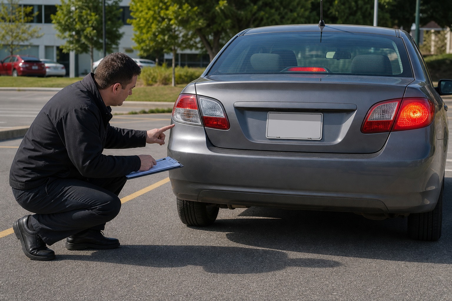 In the image, a vehicle is being checked before a road test and a brake light is not working. What is the likely result?