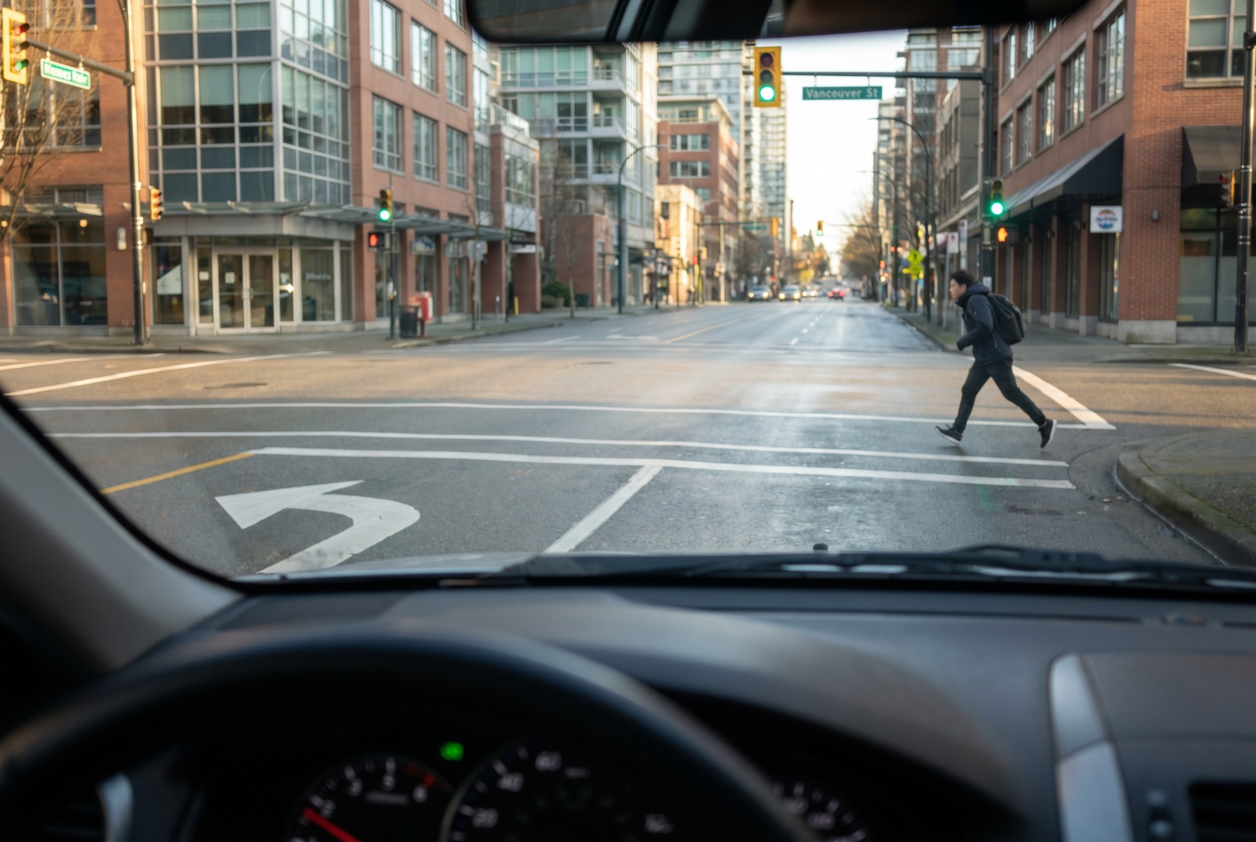 You are turning left and see a pedestrian approaching quickly from opposite side. What should you do?
