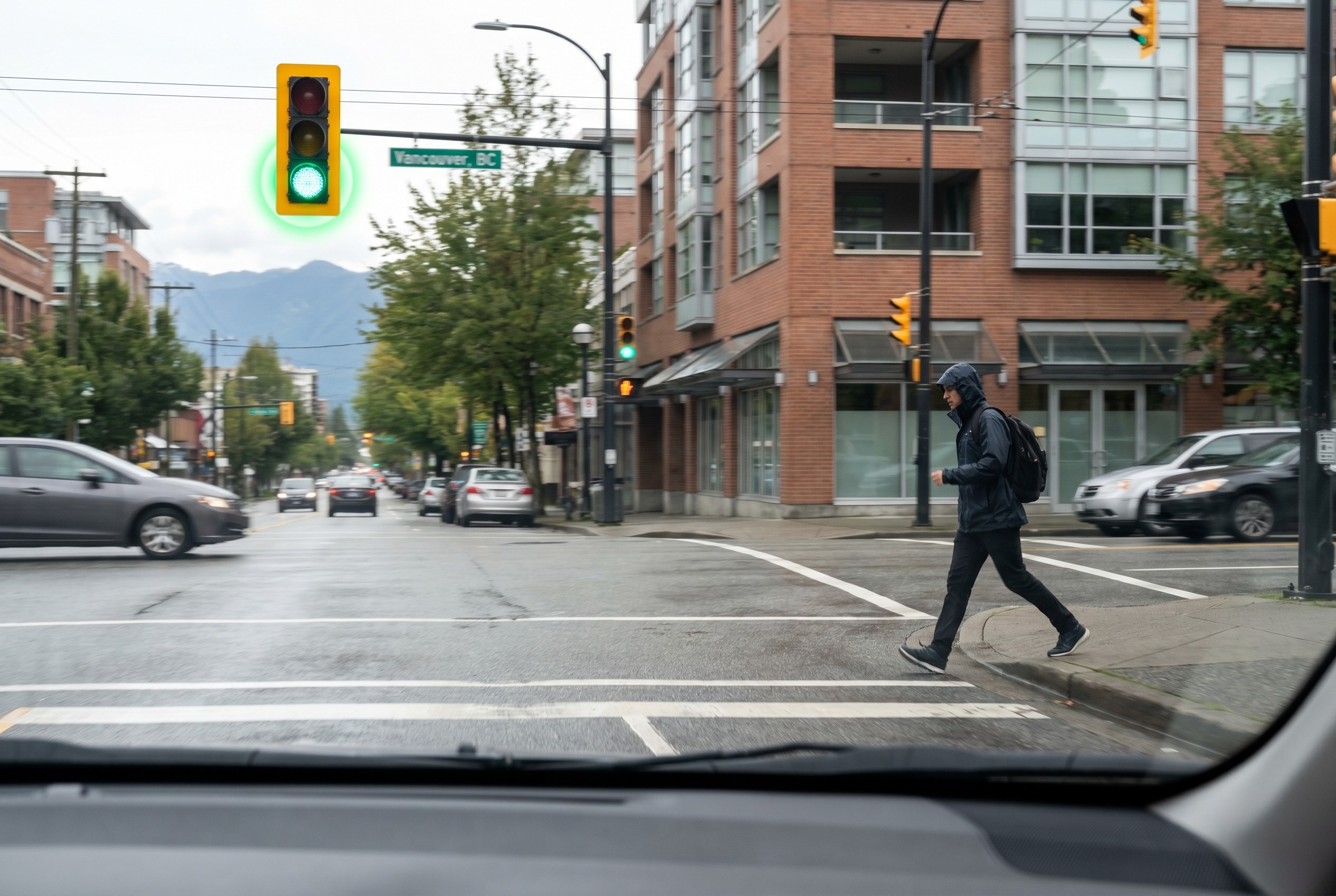 You approach a flashing green light and see a pedestrian begin to move toward the crossing. What should you do?