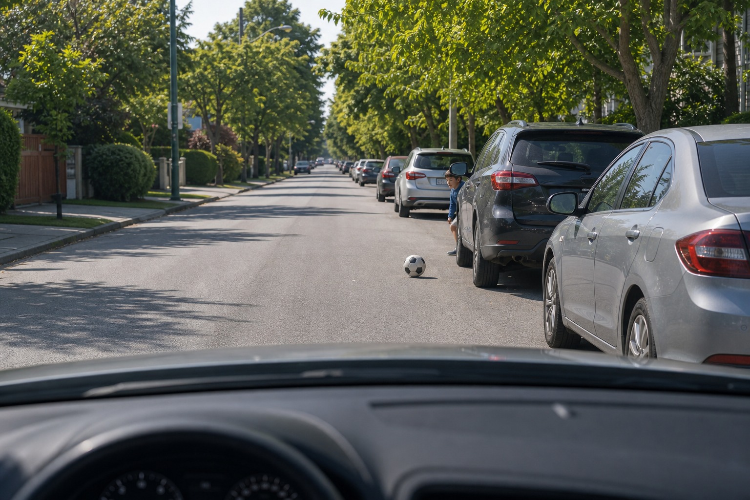 In the image, a ball has rolled into the road and a child may follow. What emergency action should you be ready to use?
