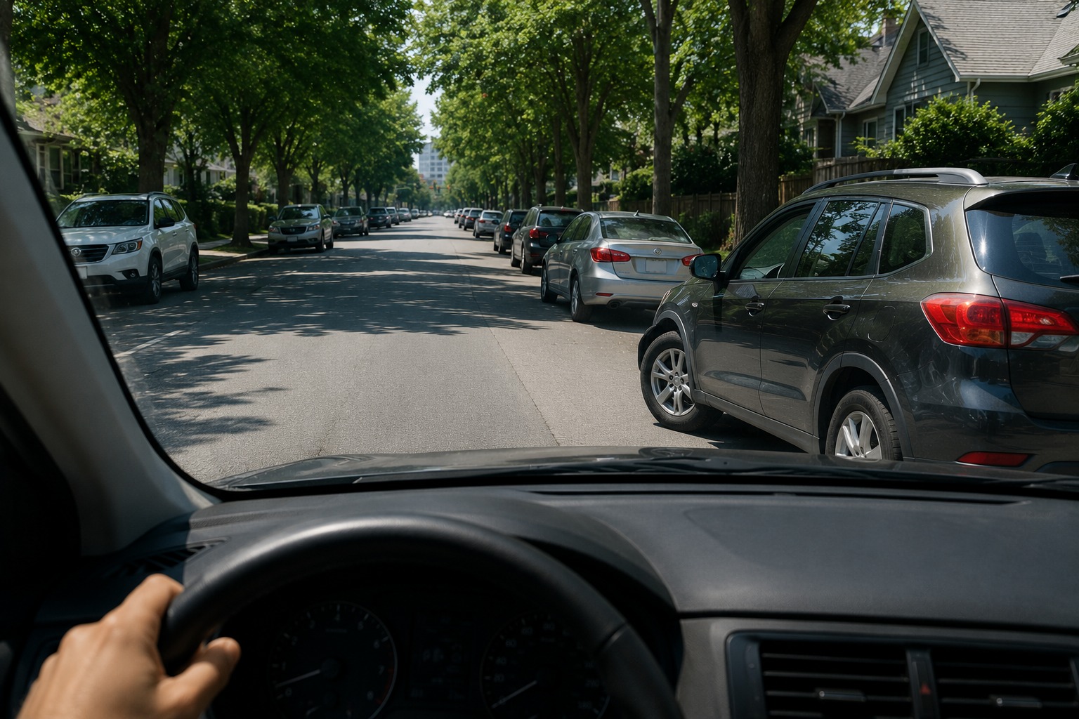 You are driving past parked vehicles and notice a car slightly angled outward. What does this indicate?