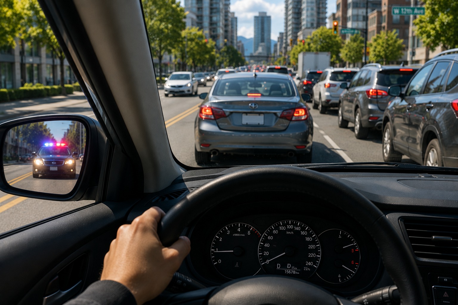 You hear a siren behind you but traffic prevents immediate movement. What should you do?