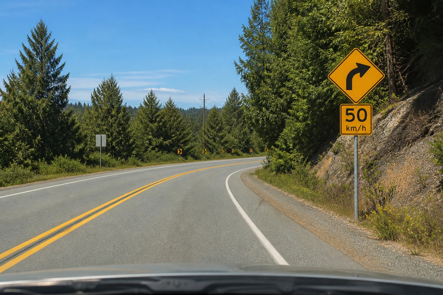 In the image, the car is approaching a curve. What is the best speed-control choice?