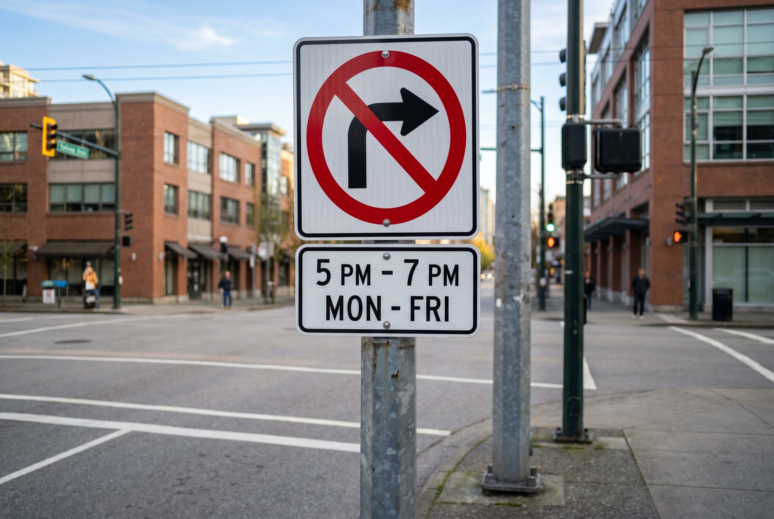 A "No Right Turns During Posted Times" sign is mounted above an intersection. What should a driver do during those posted times?