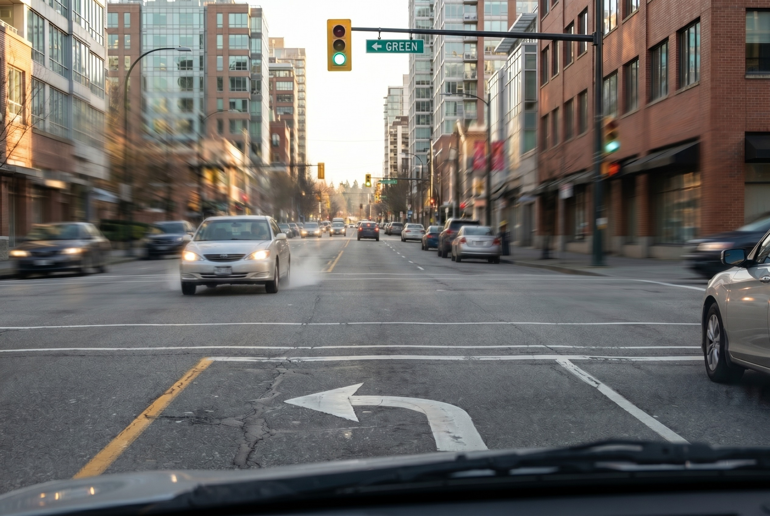 You are turning left at a green light. An oncoming vehicle slows but then accelerates. What should you do?