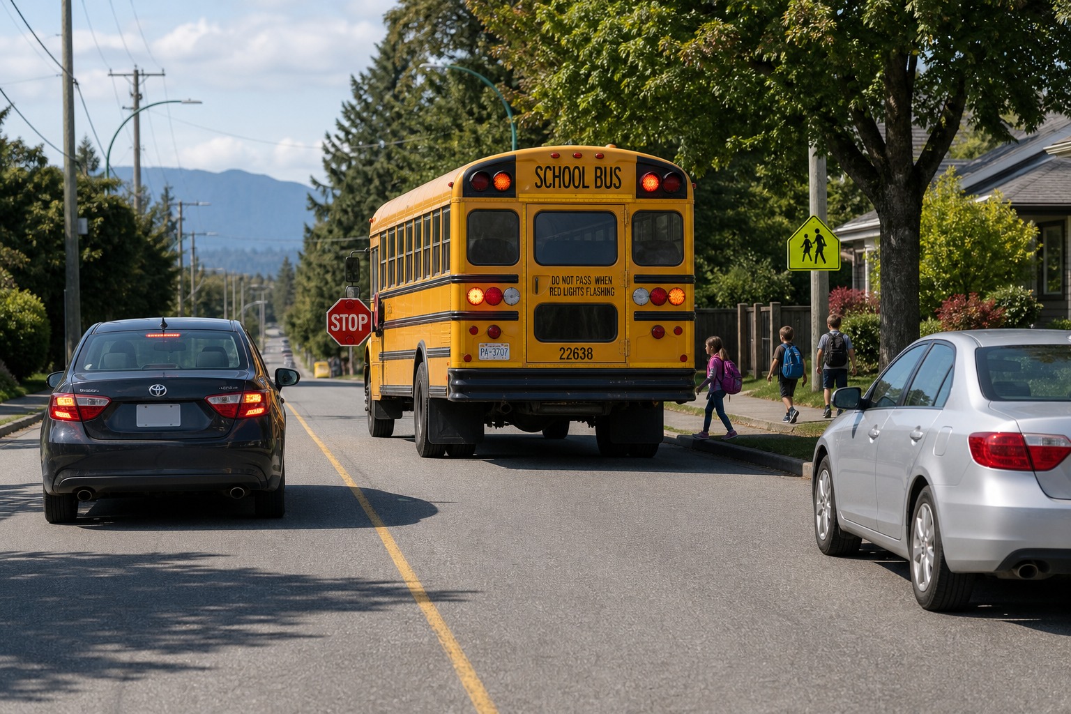 In the image, a school bus has stopped with alternating red lights flashing and its stop sign out. What must drivers in both directions do?