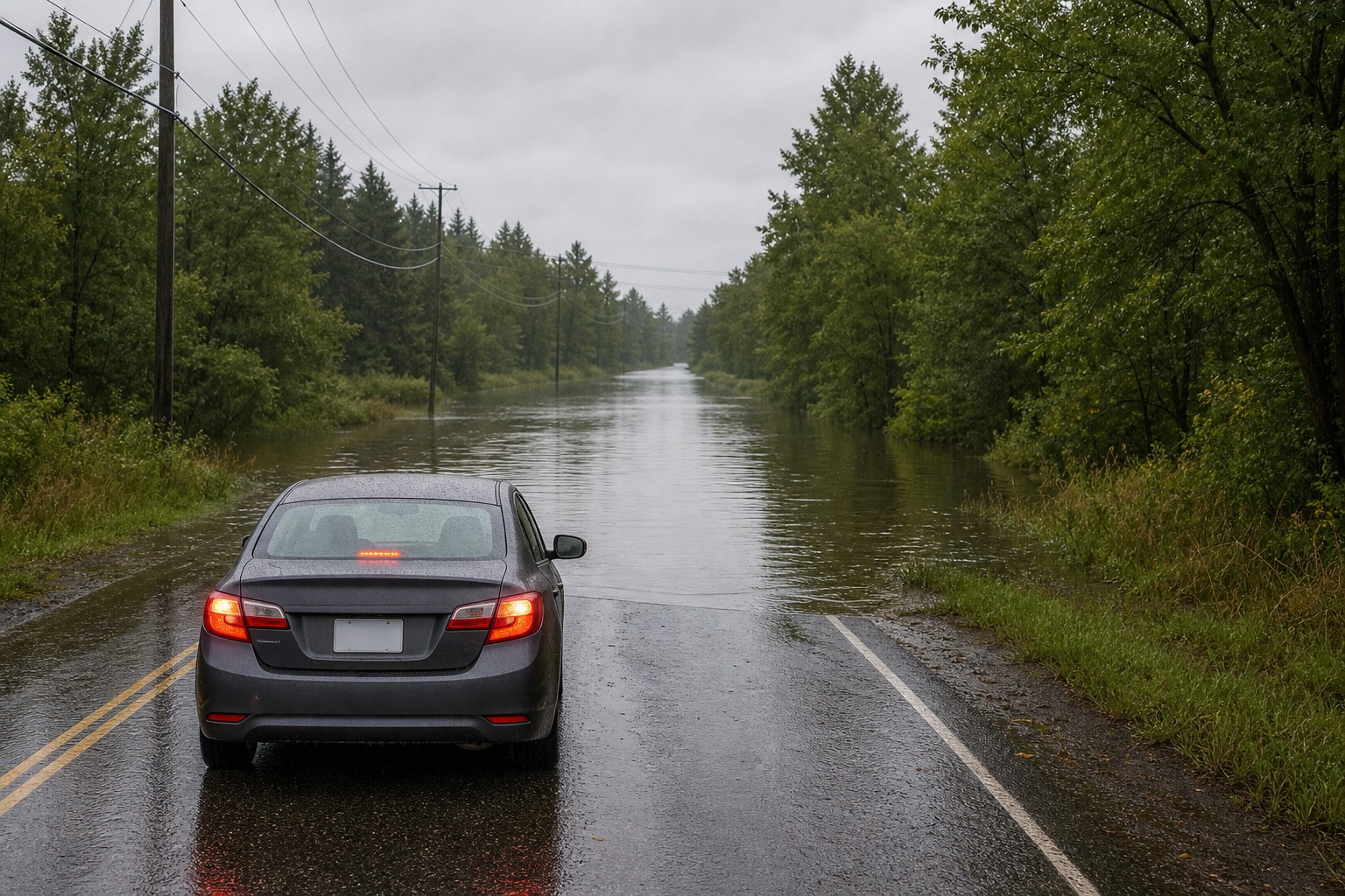 In the image, a road is covered by standing water after heavy rain. What should you consider first?