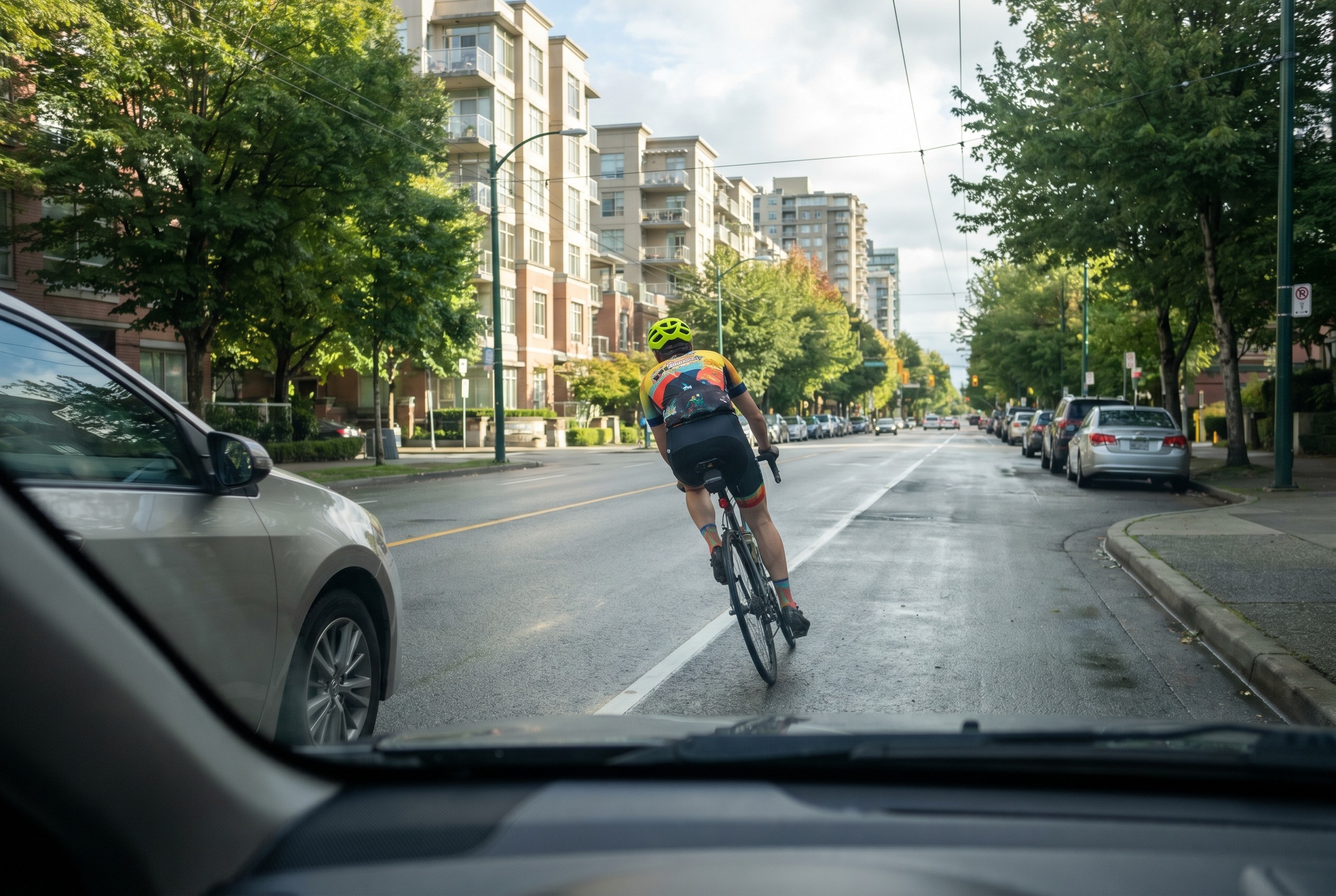 You are passing a cyclist and notice them moving slightly toward the center of the lane. What should you do?