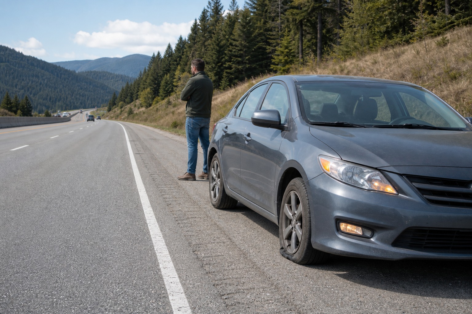 In the image, the driver is dealing with a tire blowout on a highway. Which action should be avoided because it can cause loss of steering control?