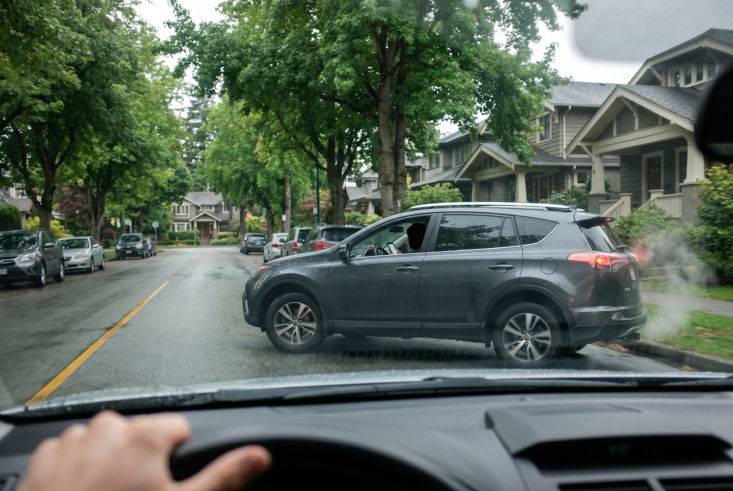 You are driving past parked cars and see a driver sitting with engine running. What is the main risk?