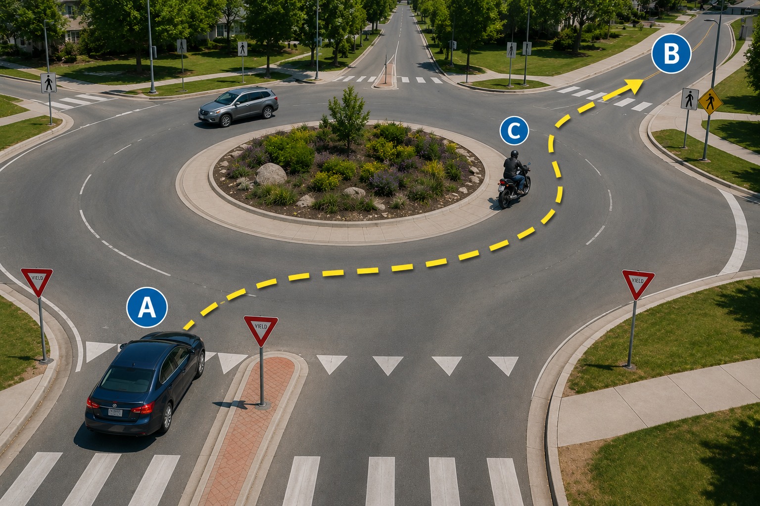 In the image, Vehicle A is approaching a traffic circle and wants to leave by the road marked B. What is the correct action before entering and exiting?