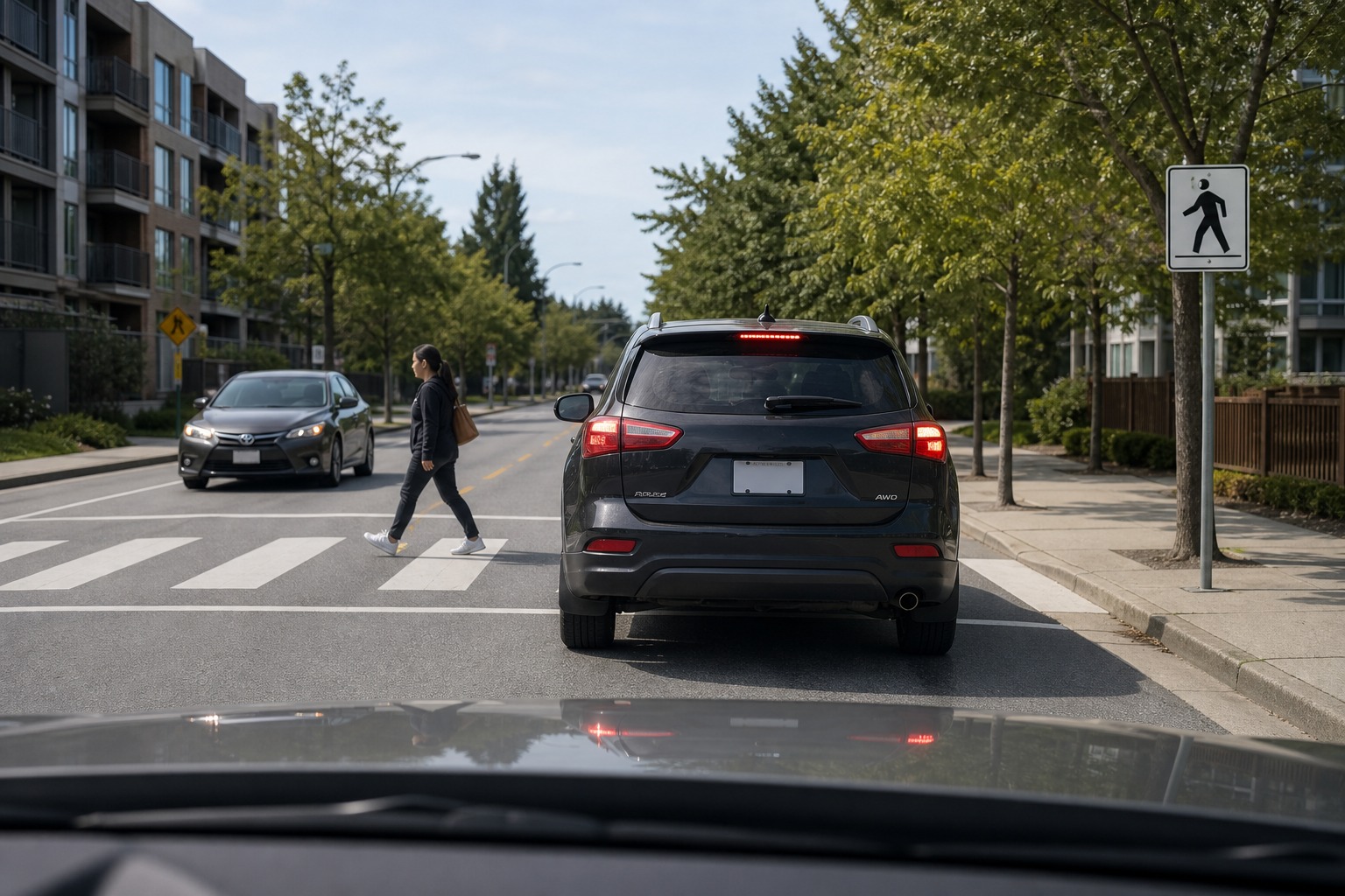 You are approaching a marked crosswalk and a vehicle is stopped there. What should you do?