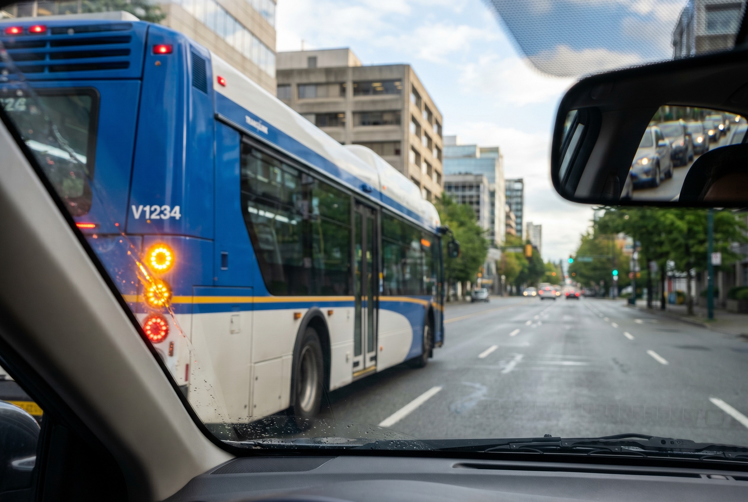 You are beside a bus signaling to merge but traffic behind prevents slowing easily. What should you do?
