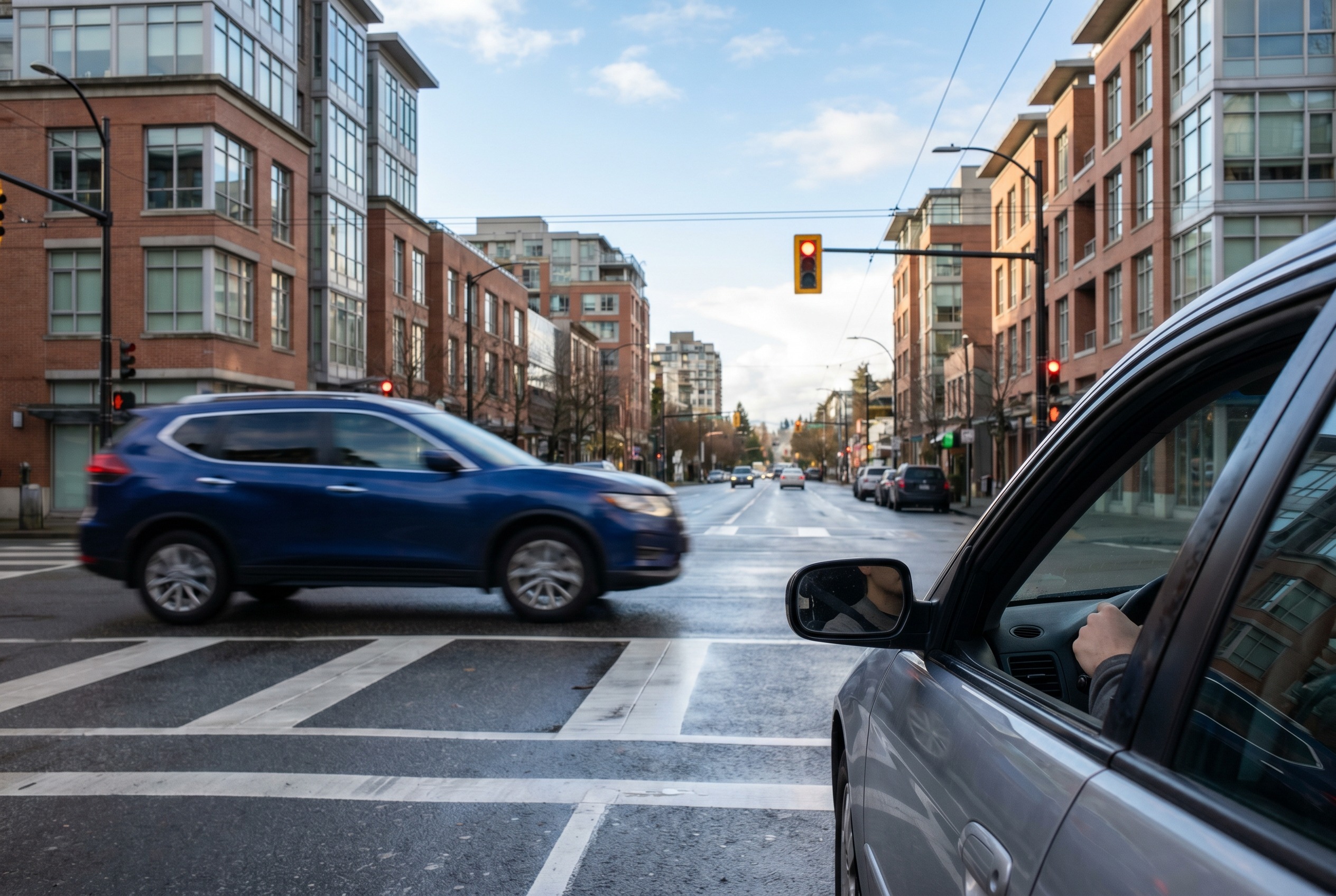 You are turning right on red and see a vehicle approaching fast from your left. What should you do?