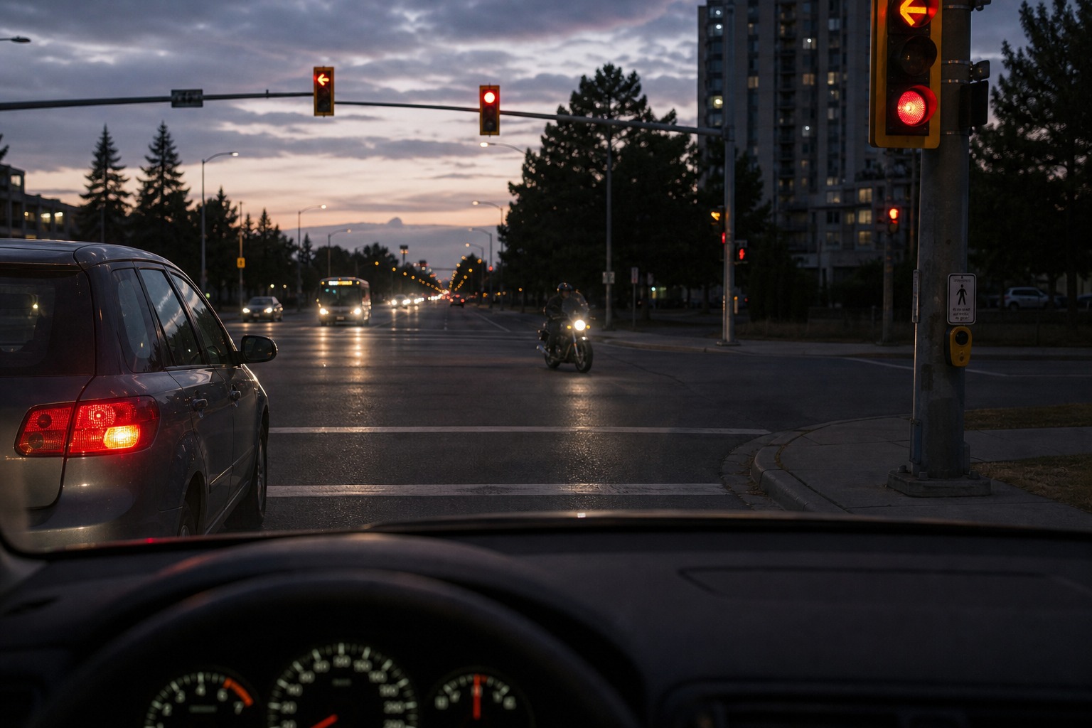 In the image, you are preparing to turn left at dusk while an oncoming motorcycle approaches. What should you remember?
