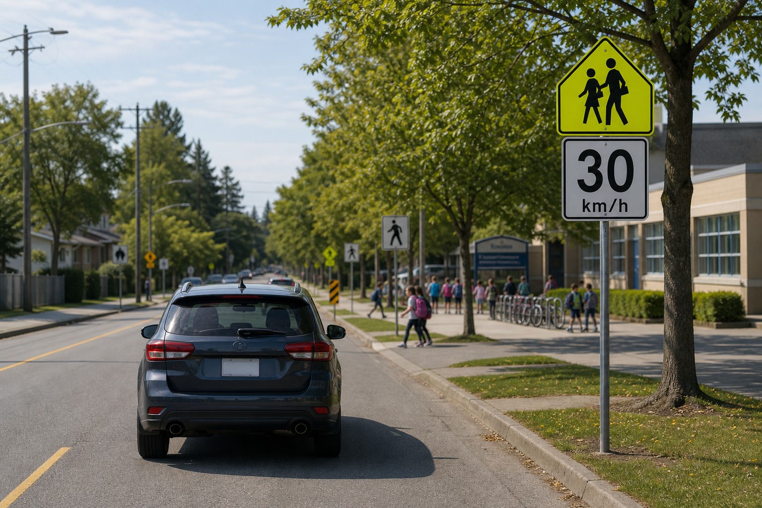 A school zone sign has a 30 km/h tab but no hours shown. When is that speed limit in effect?