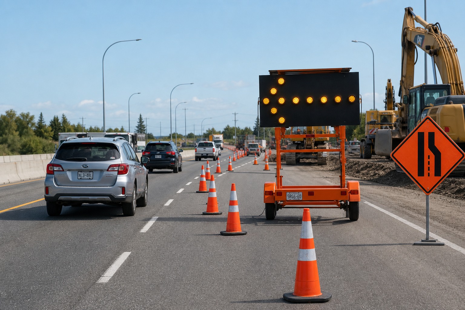 A construction sign says to follow a lighted arrow. What should you do?