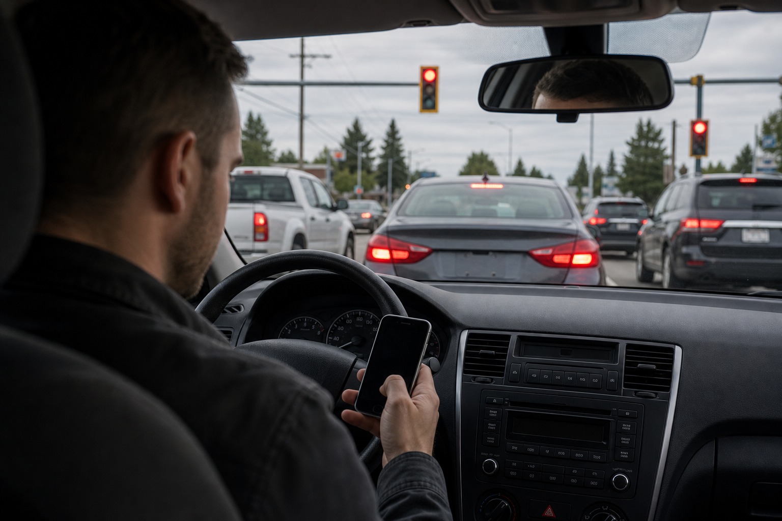 In the image, a driver is stopped at a red light and holding a phone. What rule still applies?