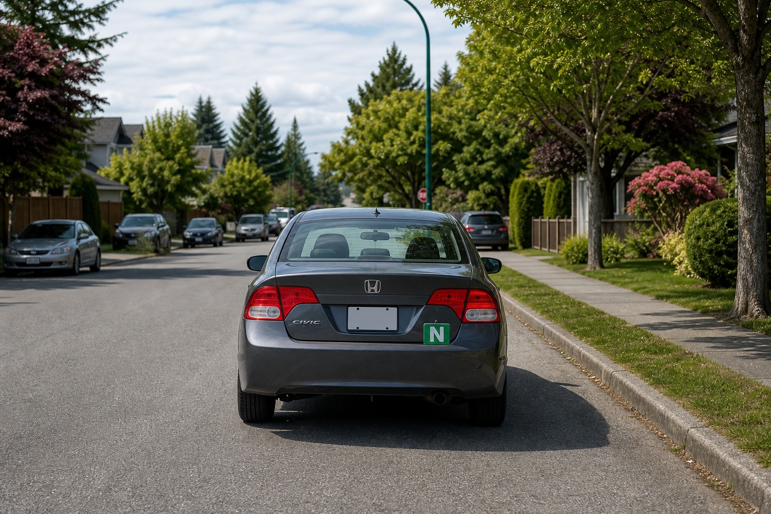 In the image, a vehicle displays an N sign on the rear. What must be true about the sign while driving?