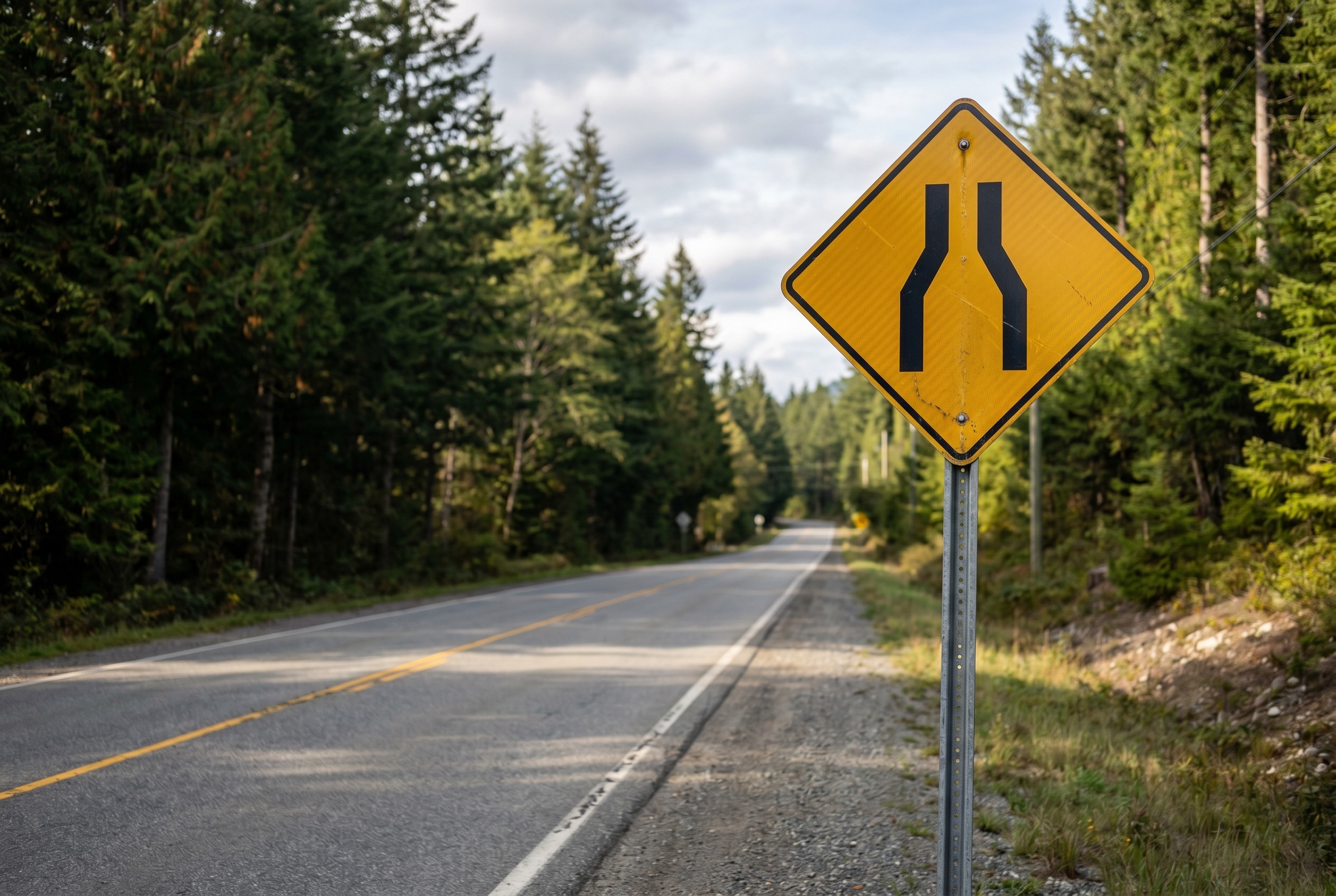 You see a sign indicating road narrows ahead. What should you do?