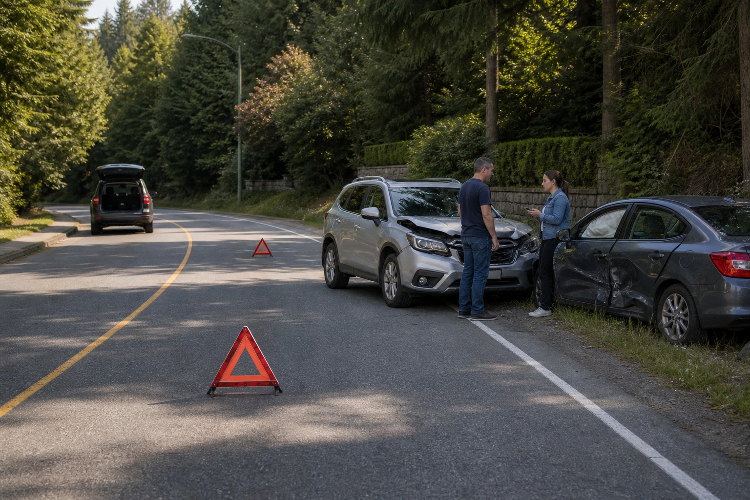 In the image, you arrive at a crash scene on a curve. What should your first priority be if you stop to help?